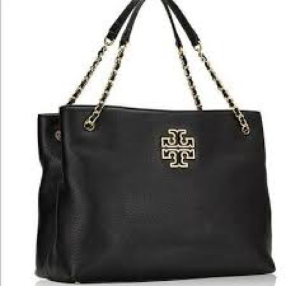 TORY BURCH Britten Pebbled Leather Slouchy Tote Handbag. Black